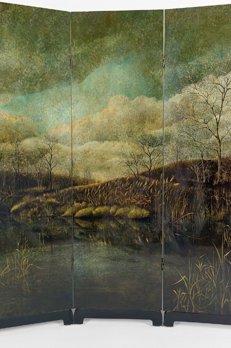 4-leaf Screen With Lacquered Landscape By Bernard Cuenin, Circa 1970-photo-4