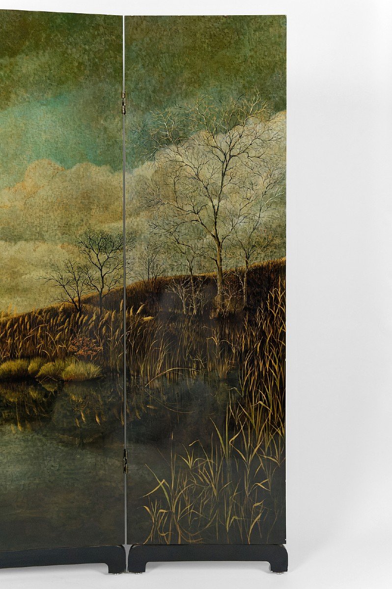 4-leaf Screen With Lacquered Landscape By Bernard Cuenin, Circa 1970-photo-1