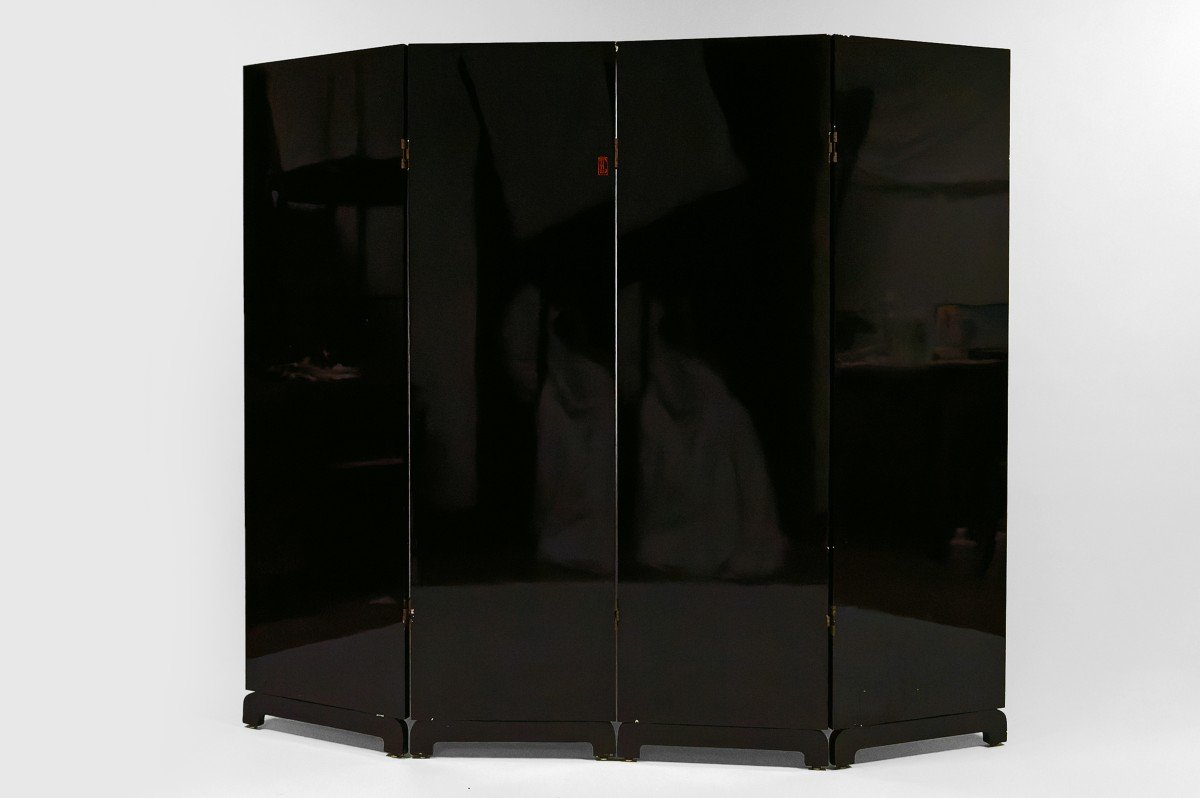 4-leaf Screen With Lacquered Landscape By Bernard Cuenin, Circa 1970-photo-2