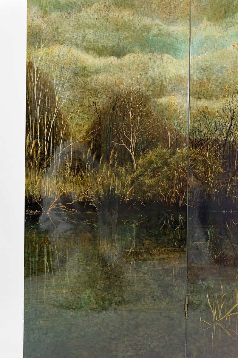 4-leaf Screen With Lacquered Landscape By Bernard Cuenin, Circa 1970-photo-5