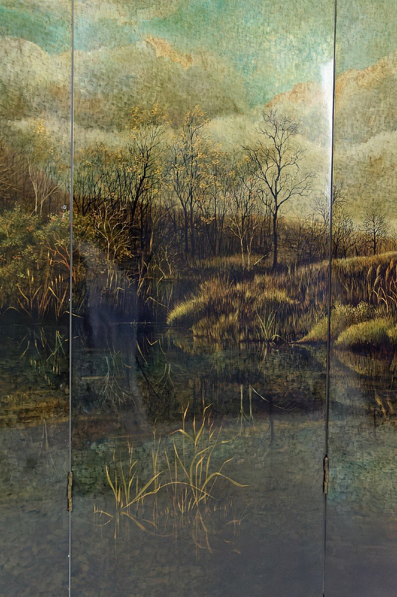 4-leaf Screen With Lacquered Landscape By Bernard Cuenin, Circa 1970-photo-6