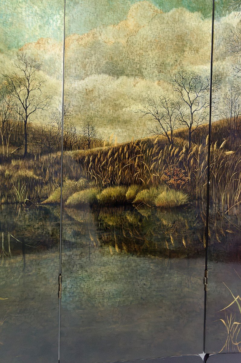 4-leaf Screen With Lacquered Landscape By Bernard Cuenin, Circa 1970-photo-7