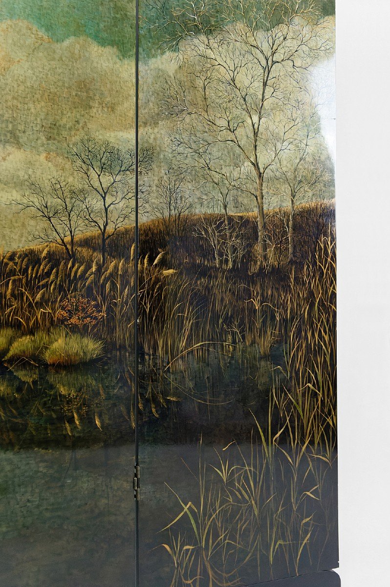 4-leaf Screen With Lacquered Landscape By Bernard Cuenin, Circa 1970-photo-8