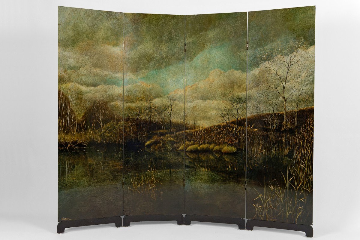 4-leaf Screen With Lacquered Landscape By Bernard Cuenin, Circa 1970