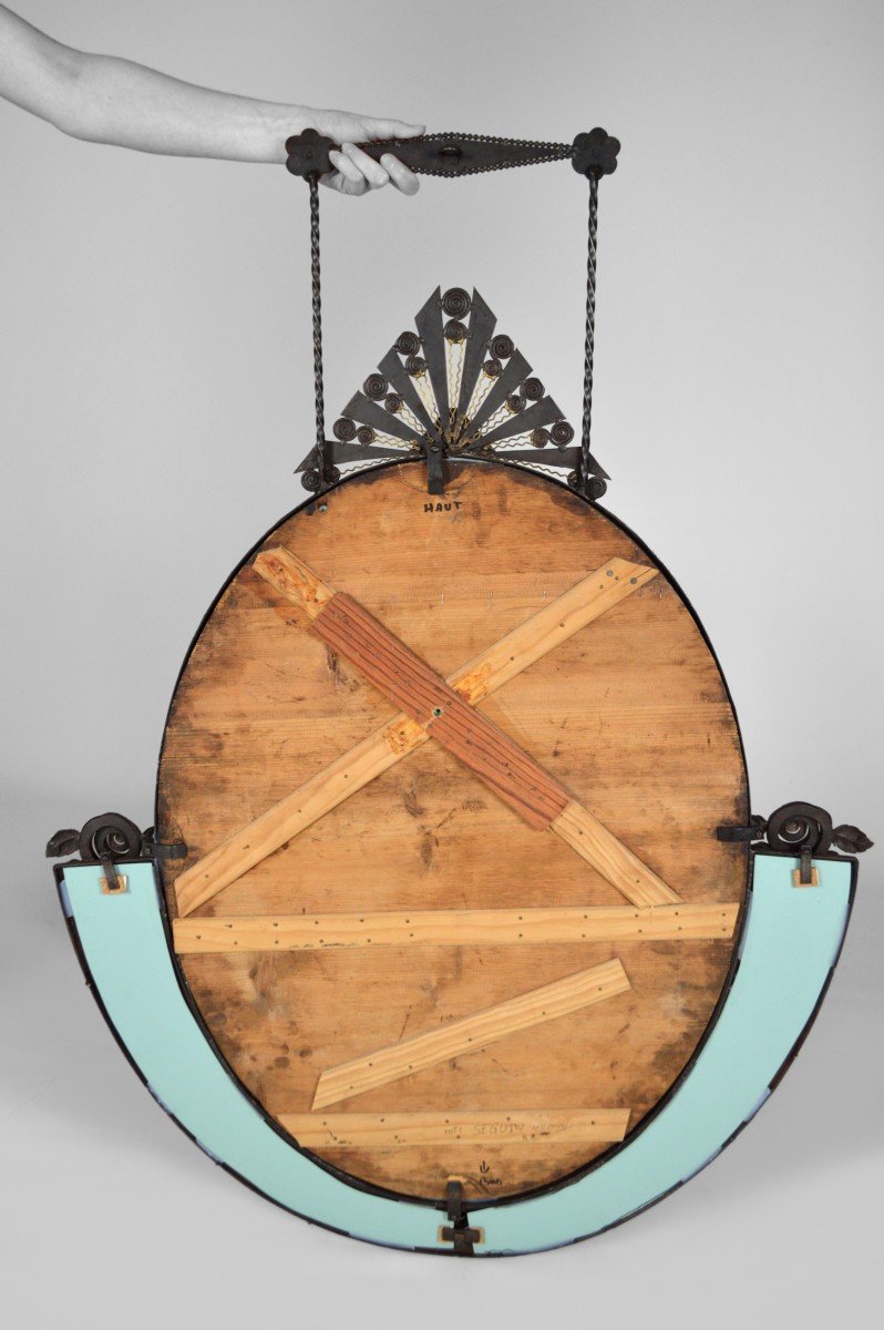 Large Oval Art Deco Wrought Iron Mirror, Circa 1925-photo-3