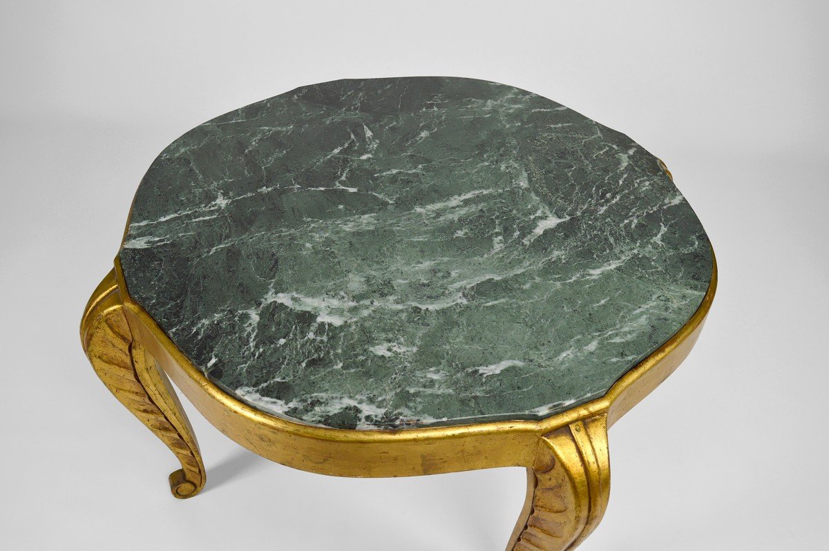 Maison Jansen Gold Coffee Table With Green Marble, Neoclassical Art Deco, 1940s-photo-1