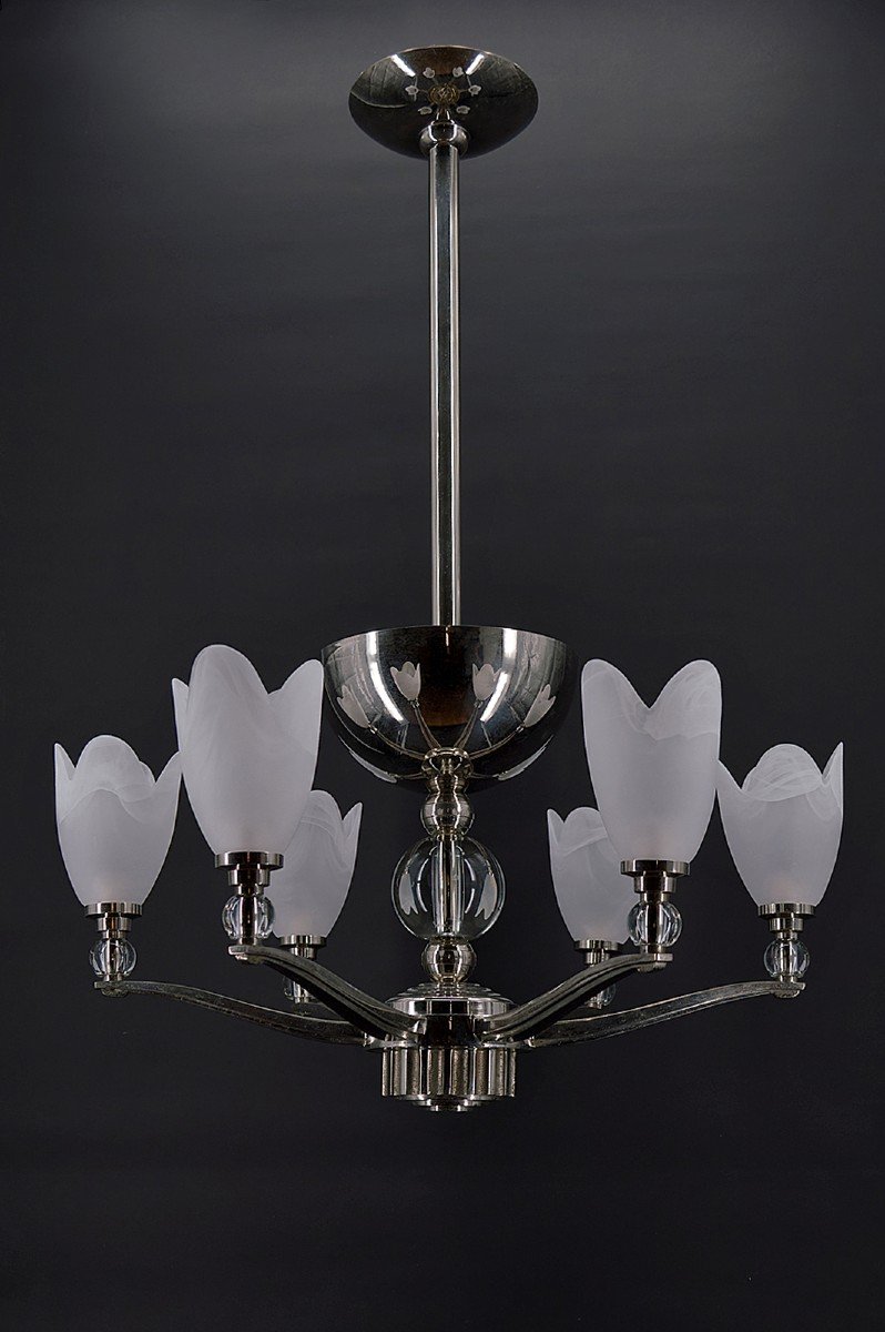 Art Deco Modernist Chrome Chandelier With 6 Branches, France, Circa 1930-photo-2