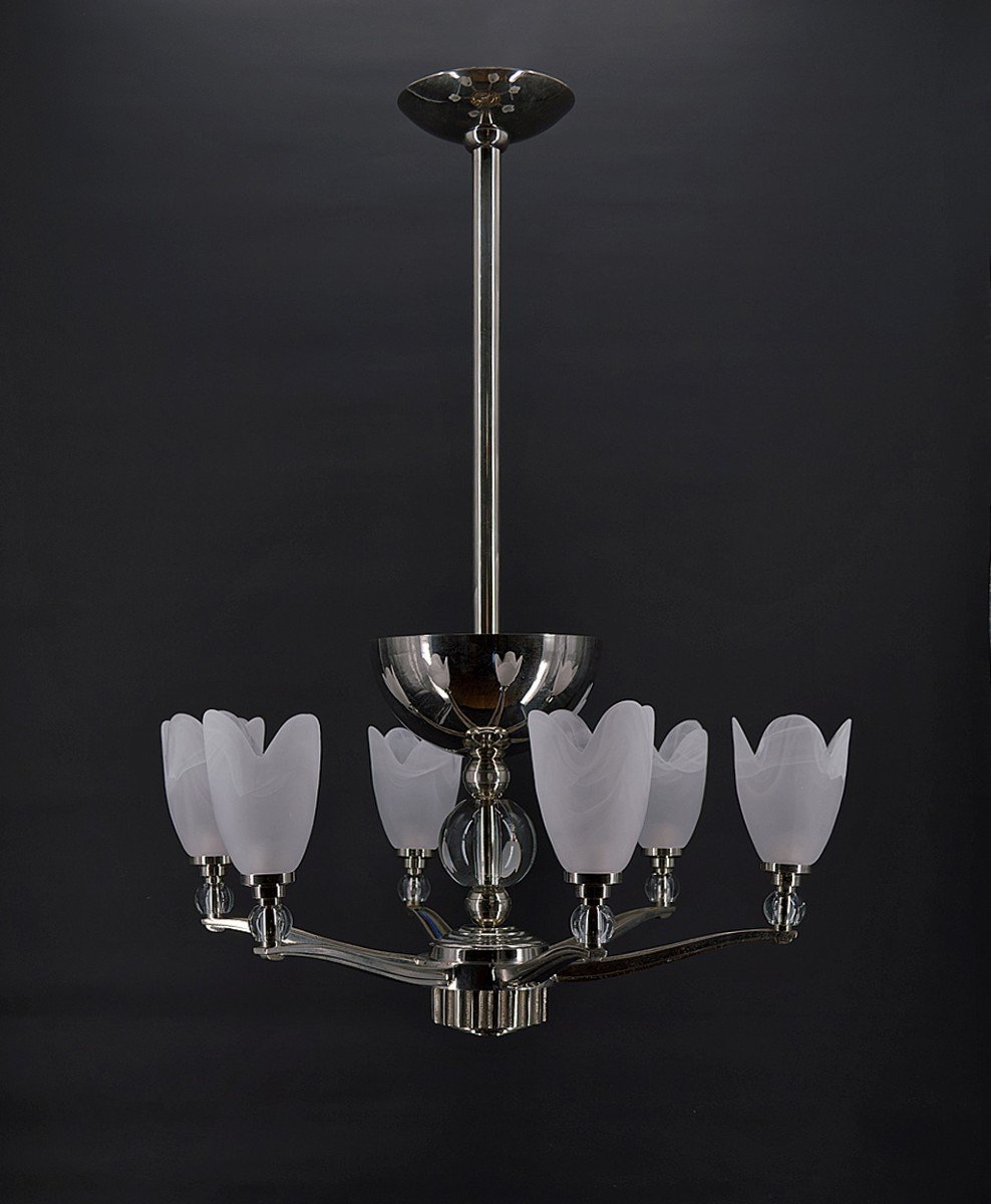 Art Deco Modernist Chrome Chandelier With 6 Branches, France, Circa 1930-photo-3