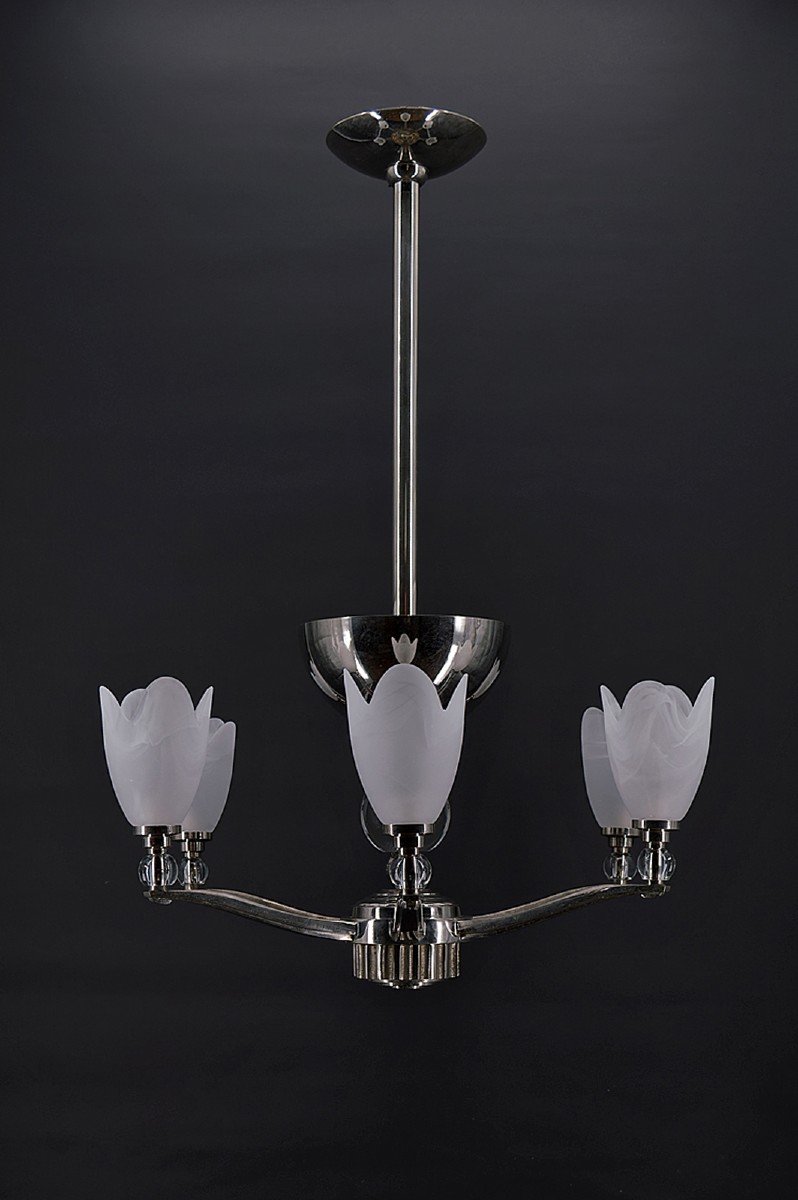 Art Deco Modernist Chrome Chandelier With 6 Branches, France, Circa 1930-photo-4