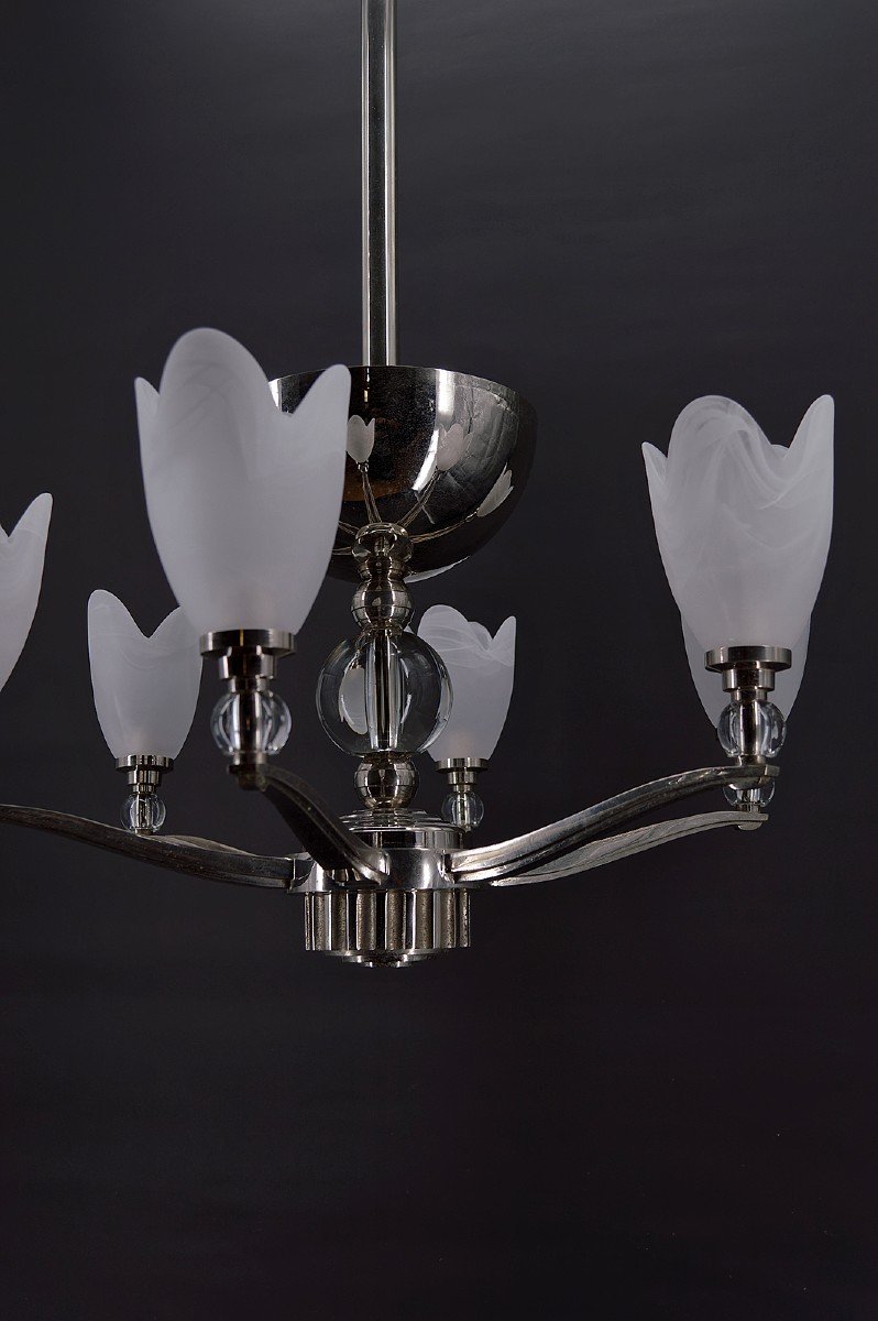 Art Deco Modernist Chrome Chandelier With 6 Branches, France, Circa 1930-photo-2