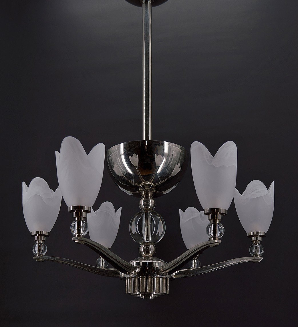 Art Deco Modernist Chrome Chandelier With 6 Branches, France, Circa 1930-photo-5