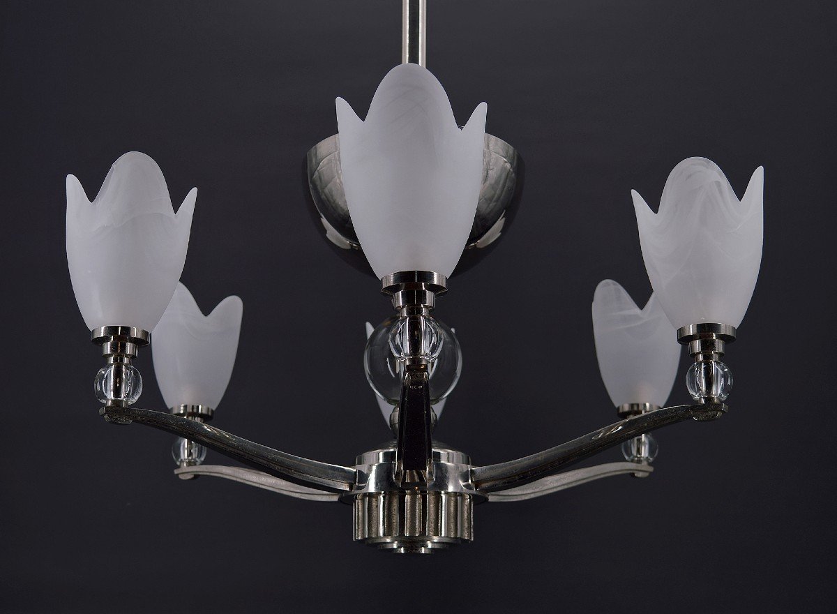 Art Deco Modernist Chrome Chandelier With 6 Branches, France, Circa 1930-photo-6