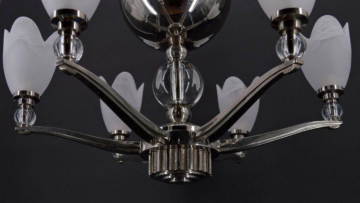 Art Deco Modernist Chrome Chandelier With 6 Branches, France, Circa 1930-photo-7