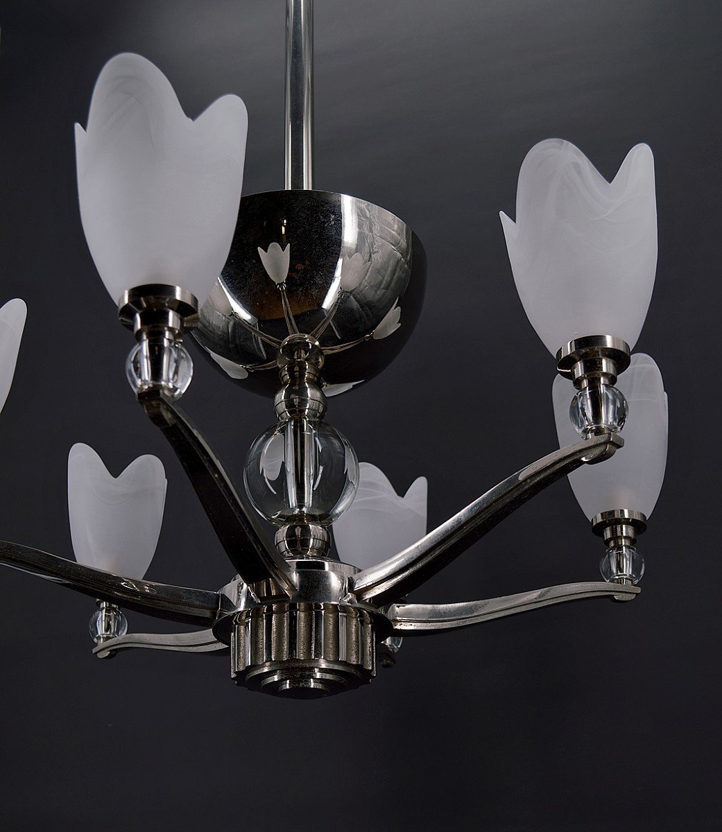 Art Deco Modernist Chrome Chandelier With 6 Branches, France, Circa 1930-photo-8