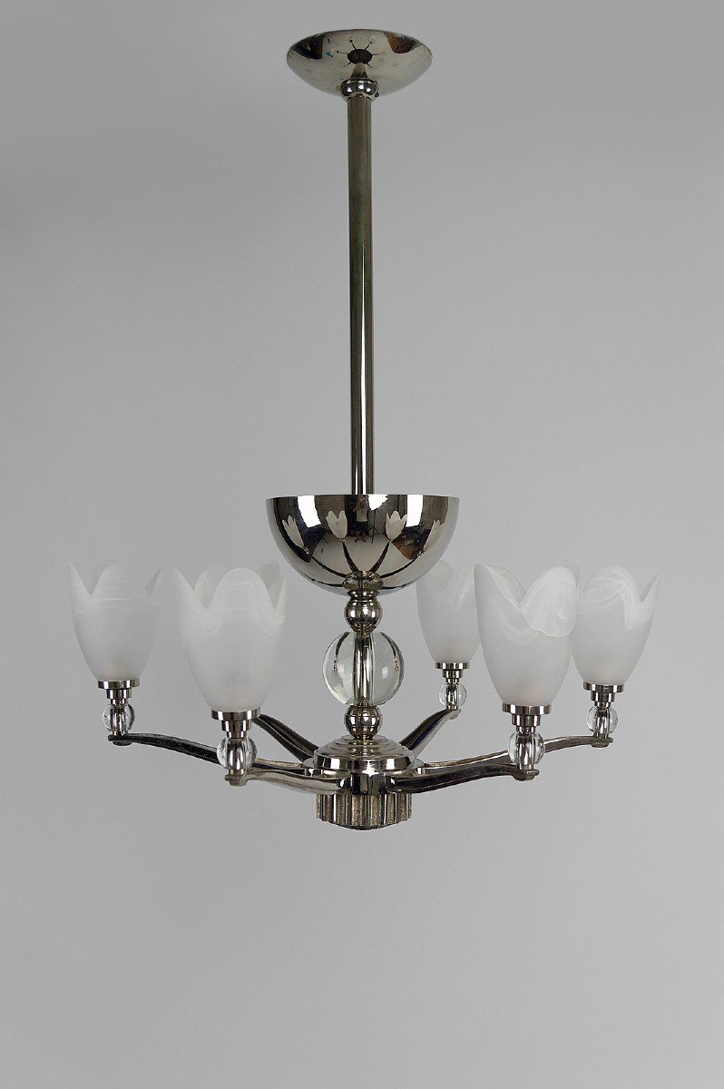 Art Deco Modernist Chrome Chandelier With 6 Branches, France, Circa 1930