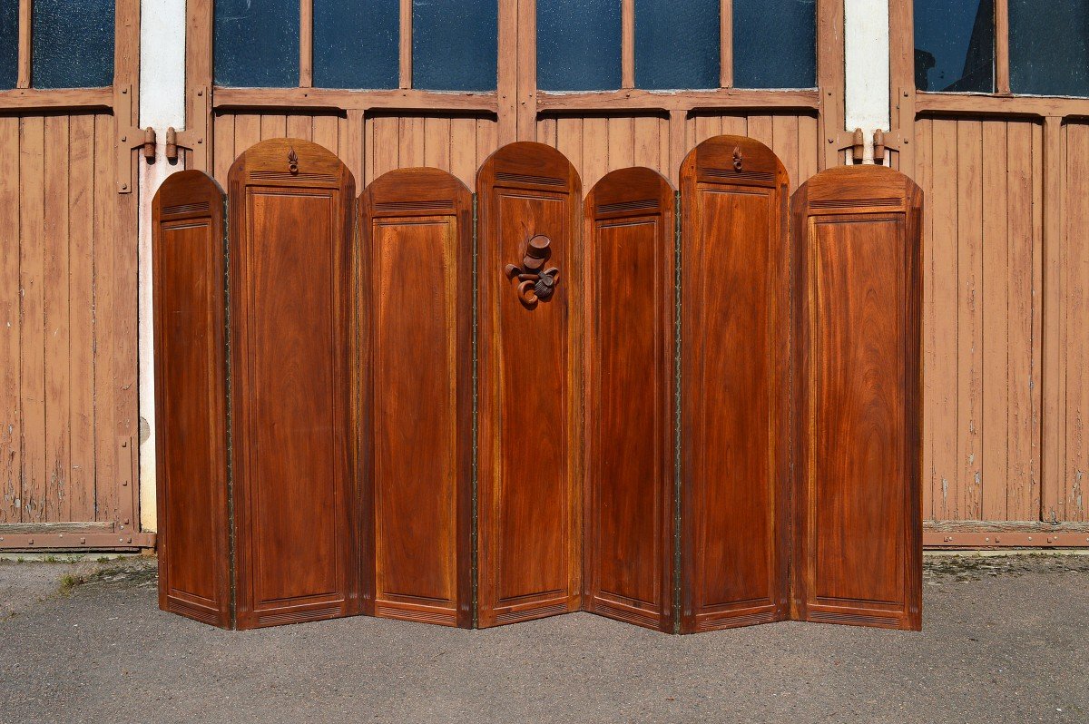 Important Art Deco Screen With 7 Panels Carved With Insignia Of The Foreign Legion Circa 1940