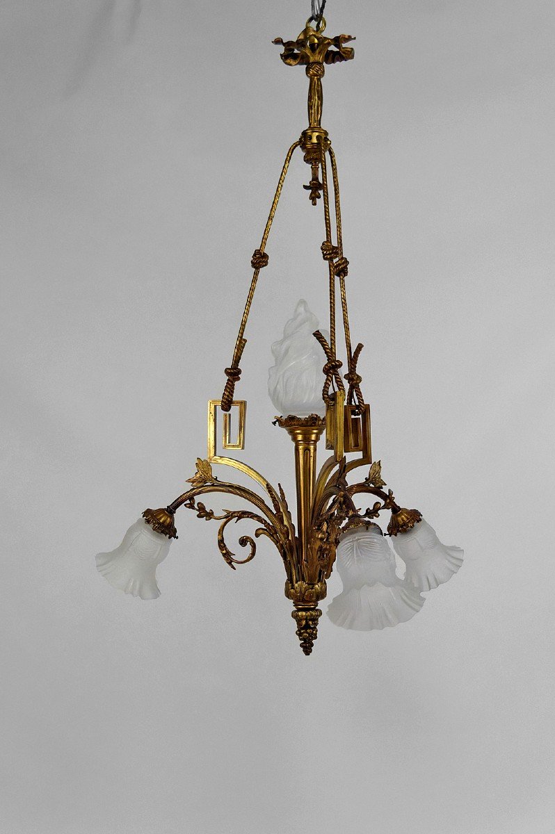 Lustre / Chandelier De Style Louis XVI / Neoclassique En Bronze Doré, France, Circa 1900-photo-2