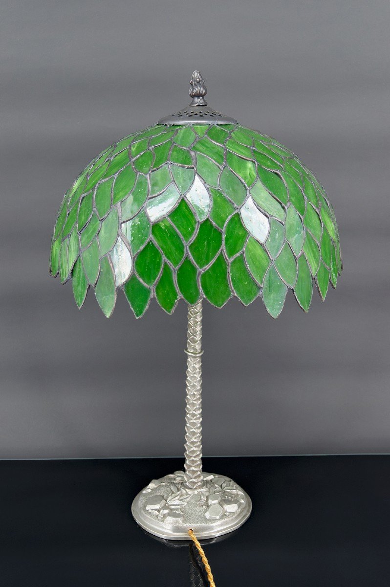 Lampe Palmier En Bronze Argenté Et Abat-jour Feuillage En Vitrail Vert, Art Nouveau, France -photo-3