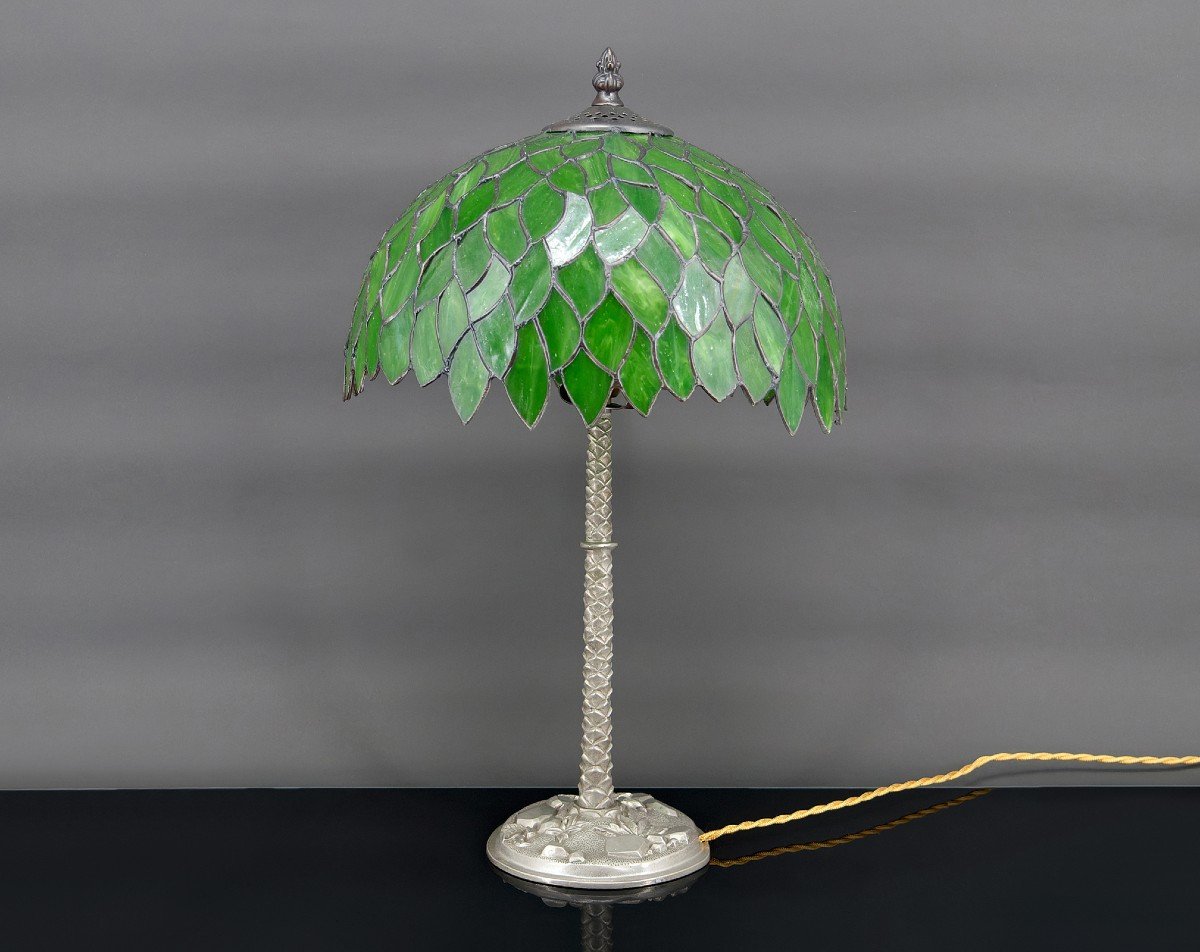 Lampe Palmier En Bronze Argenté Et Abat-jour Feuillage En Vitrail Vert, Art Nouveau, France -photo-4
