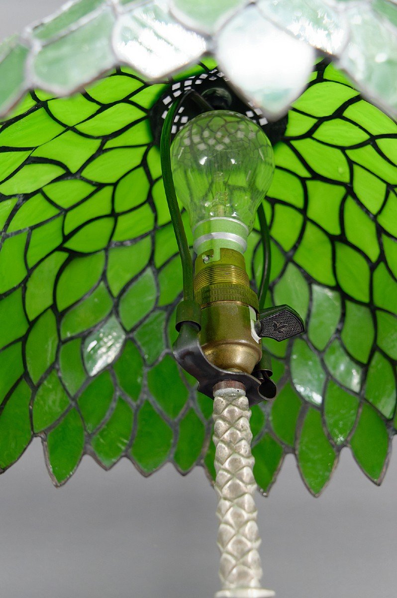 Lampe Palmier En Bronze Argenté Et Abat-jour Feuillage En Vitrail Vert, Art Nouveau, France -photo-1