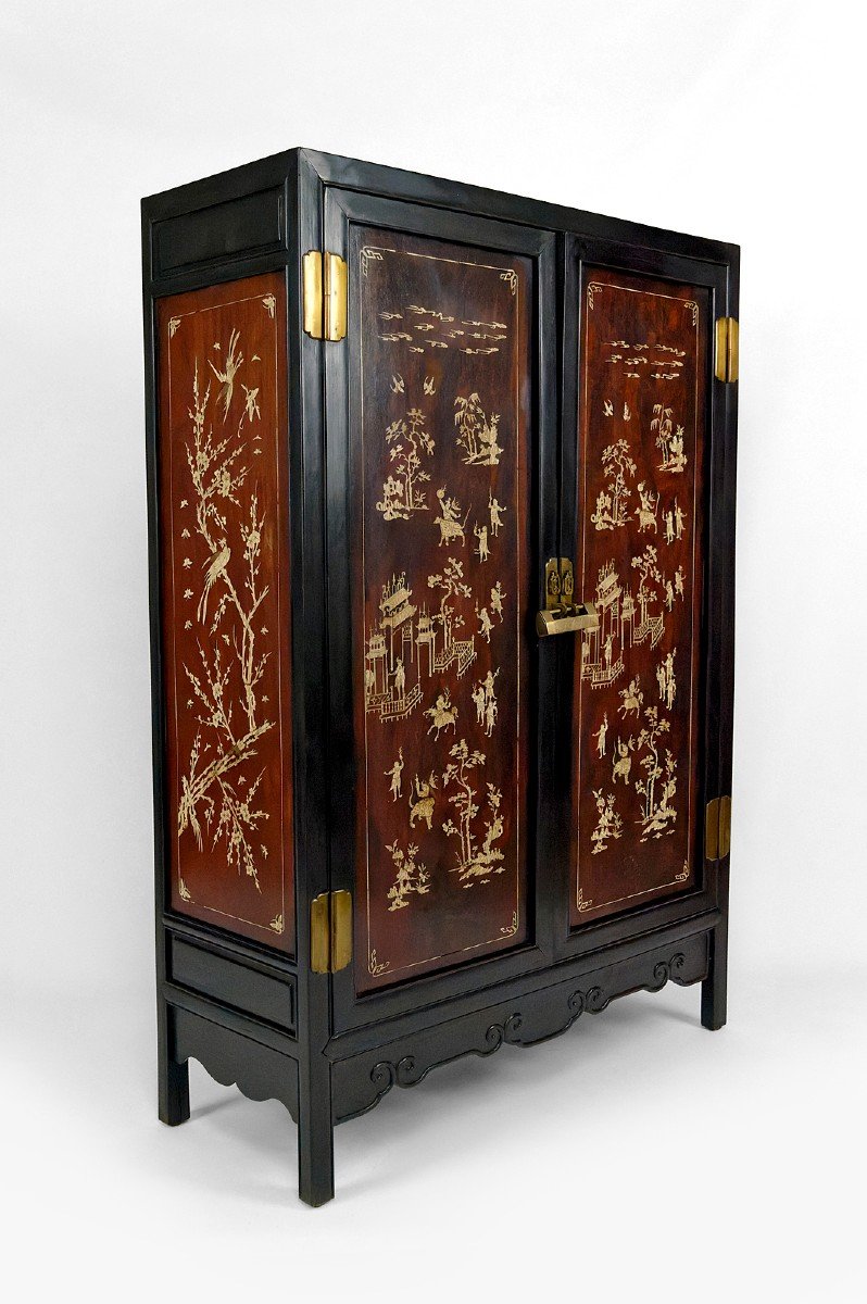 Armoire Asiatique En Bois De Fer Marqueté d'Os, Indochine, Circa 1880-photo-4