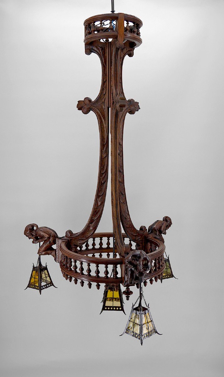 Neo Gothic Chandelier Carved With Jesters And Lanterns, France, Circa 1900-photo-2