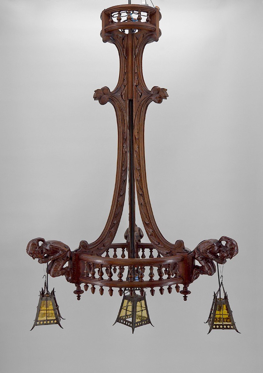 Neo Gothic Chandelier Carved With Jesters And Lanterns, France, Circa 1900