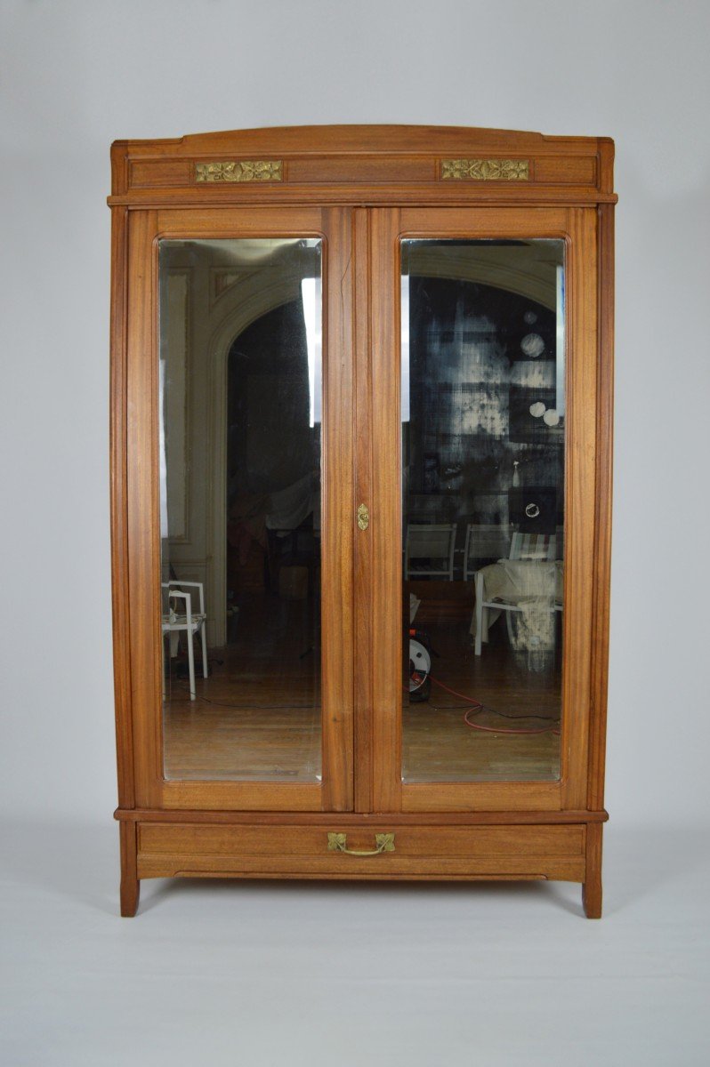 Art Nouveau Wardrobe By Mathieu Gallerey In Mahogany, Clematis Model, Circa 1920