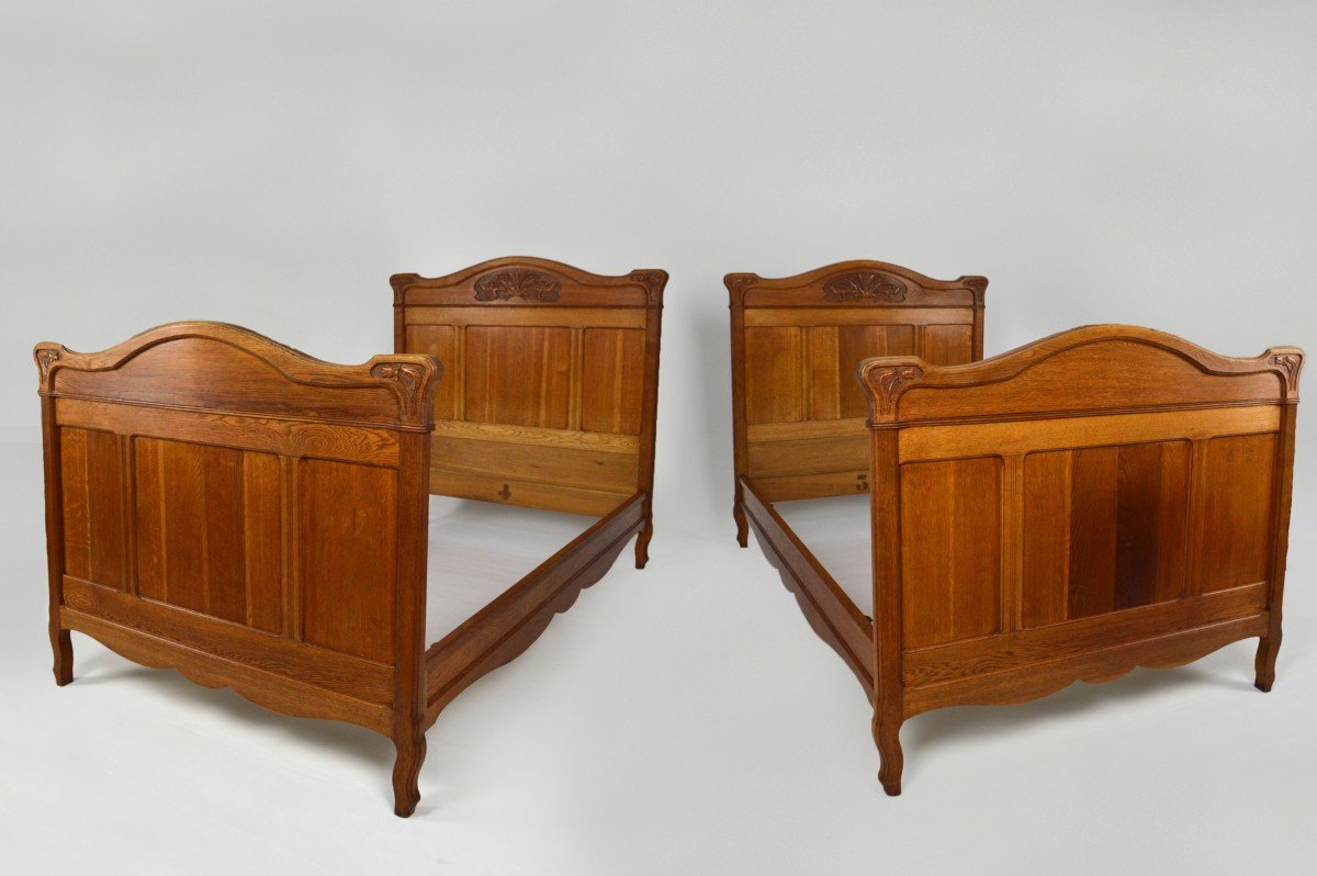 Art Nouveau Twin Beds In Carved Solid Oak, France, Circa 1910