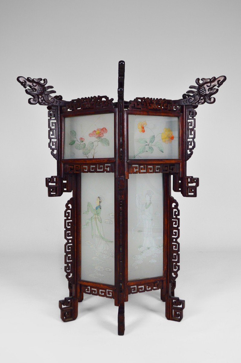 Large Asian Lantern In Wood Carved With Dragons And Painted Glass Panels, Circa 1900-photo-2