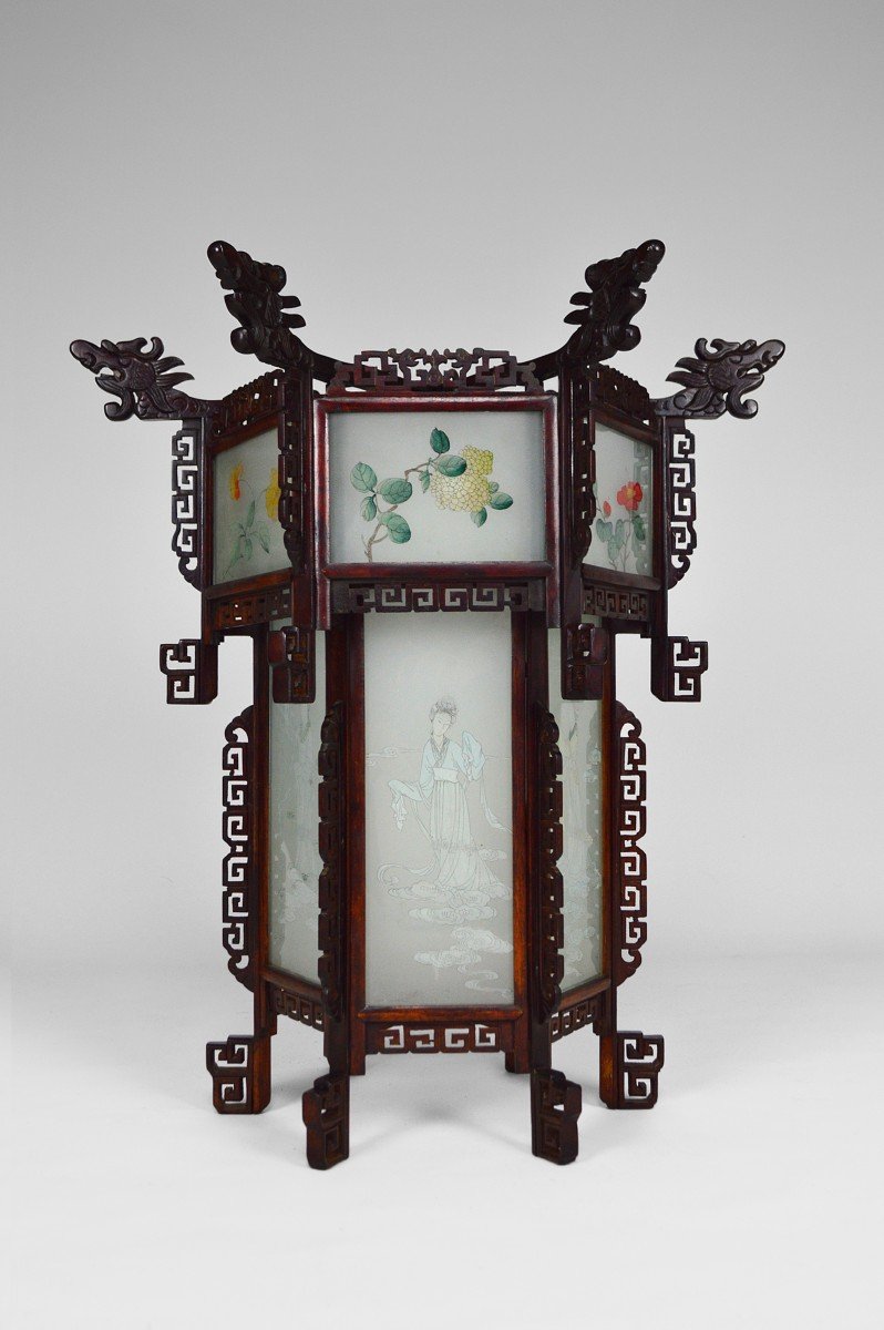 Large Asian Lantern In Wood Carved With Dragons And Painted Glass Panels, Circa 1900-photo-3