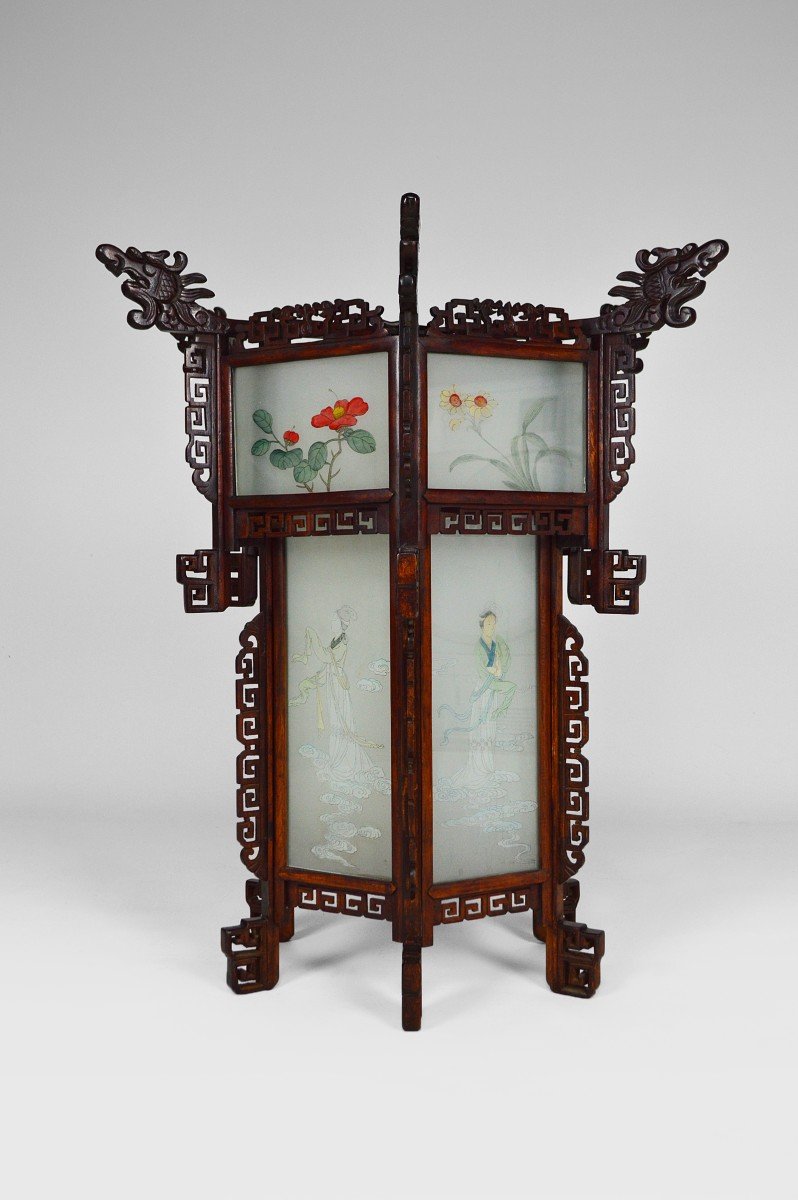 Large Asian Lantern In Wood Carved With Dragons And Painted Glass Panels, Circa 1900-photo-4