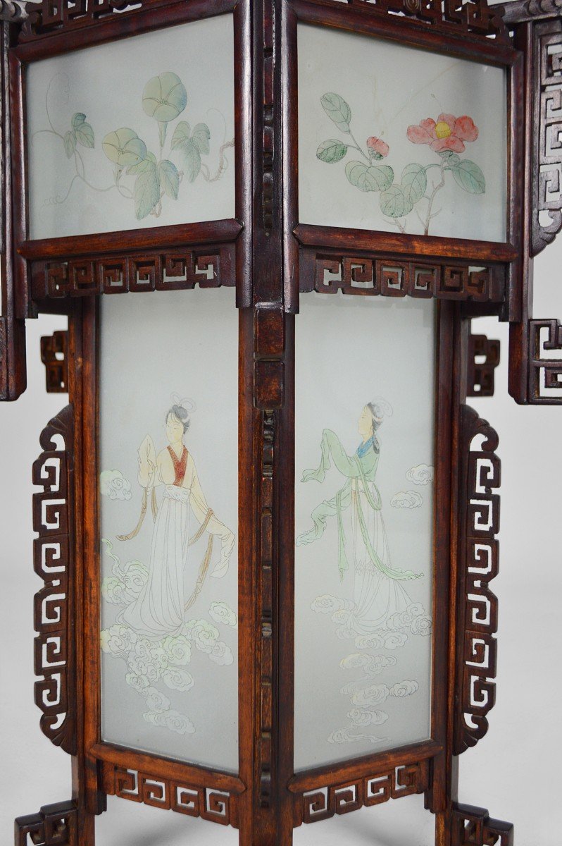 Large Asian Lantern In Wood Carved With Dragons And Painted Glass Panels, Circa 1900-photo-2