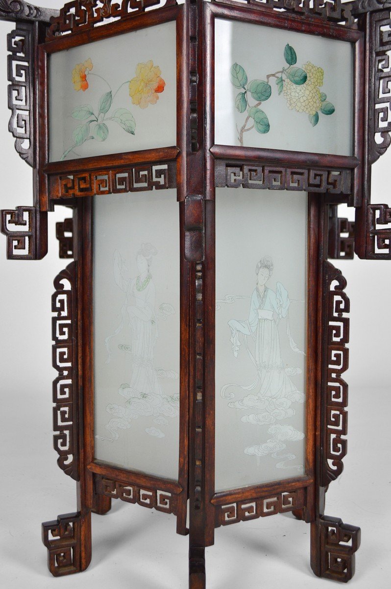 Large Asian Lantern In Wood Carved With Dragons And Painted Glass Panels, Circa 1900-photo-3