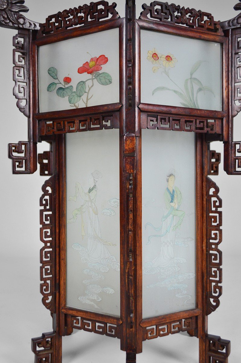 Large Asian Lantern In Wood Carved With Dragons And Painted Glass Panels, Circa 1900-photo-4