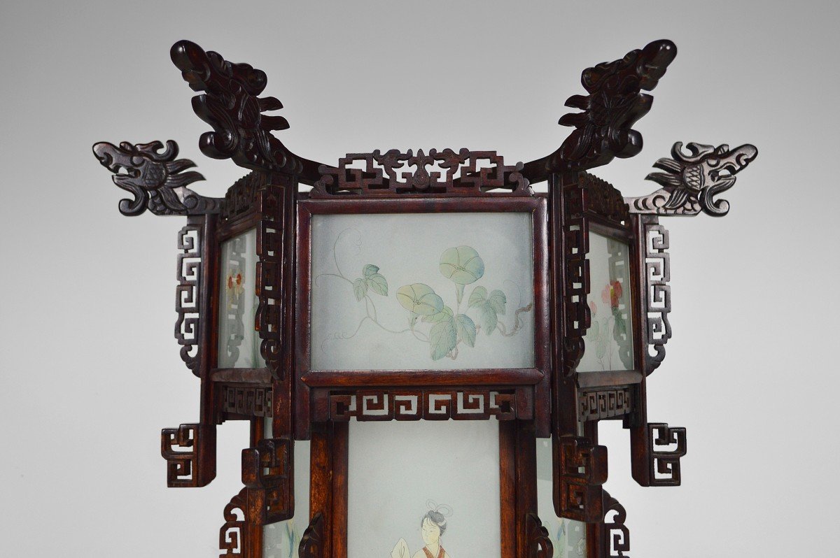 Large Asian Lantern In Wood Carved With Dragons And Painted Glass Panels, Circa 1900-photo-5