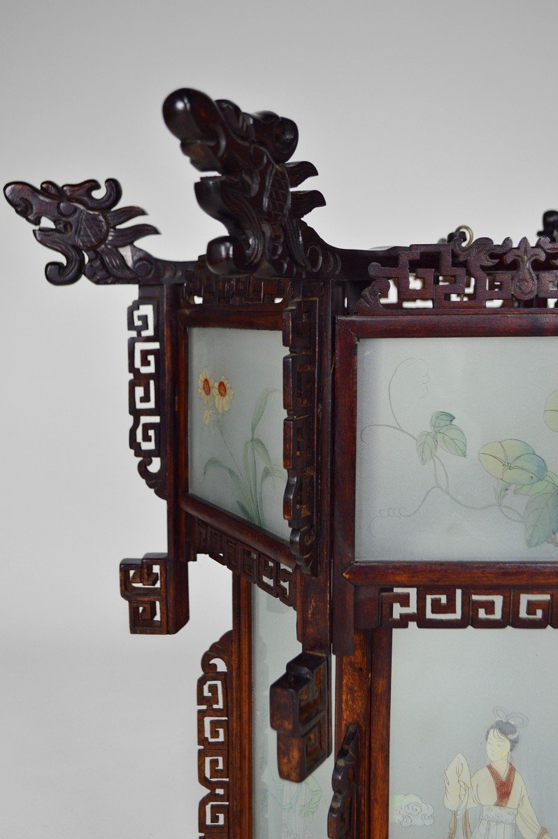 Grande Lanterne Asiatique En Bois Sculpté De Dragons Et Panneaux De Verre Peints, Circa 1900-photo-6