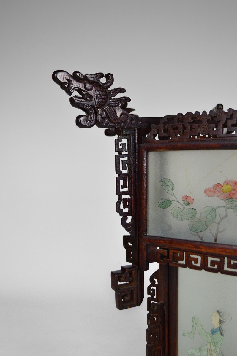 Large Asian Lantern In Wood Carved With Dragons And Painted Glass Panels, Circa 1900-photo-7