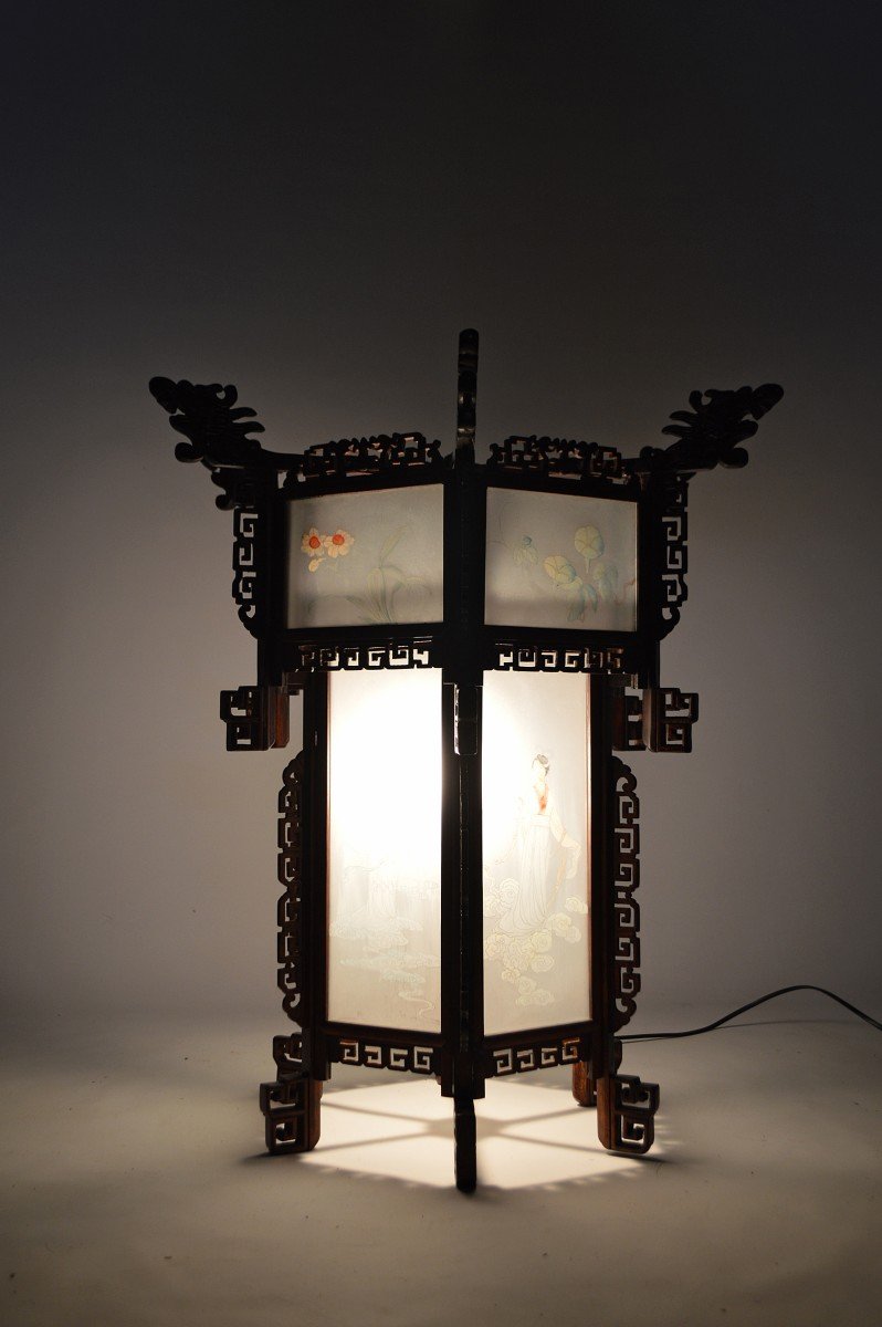 Large Asian Lantern In Wood Carved With Dragons And Painted Glass Panels, Circa 1900-photo-8