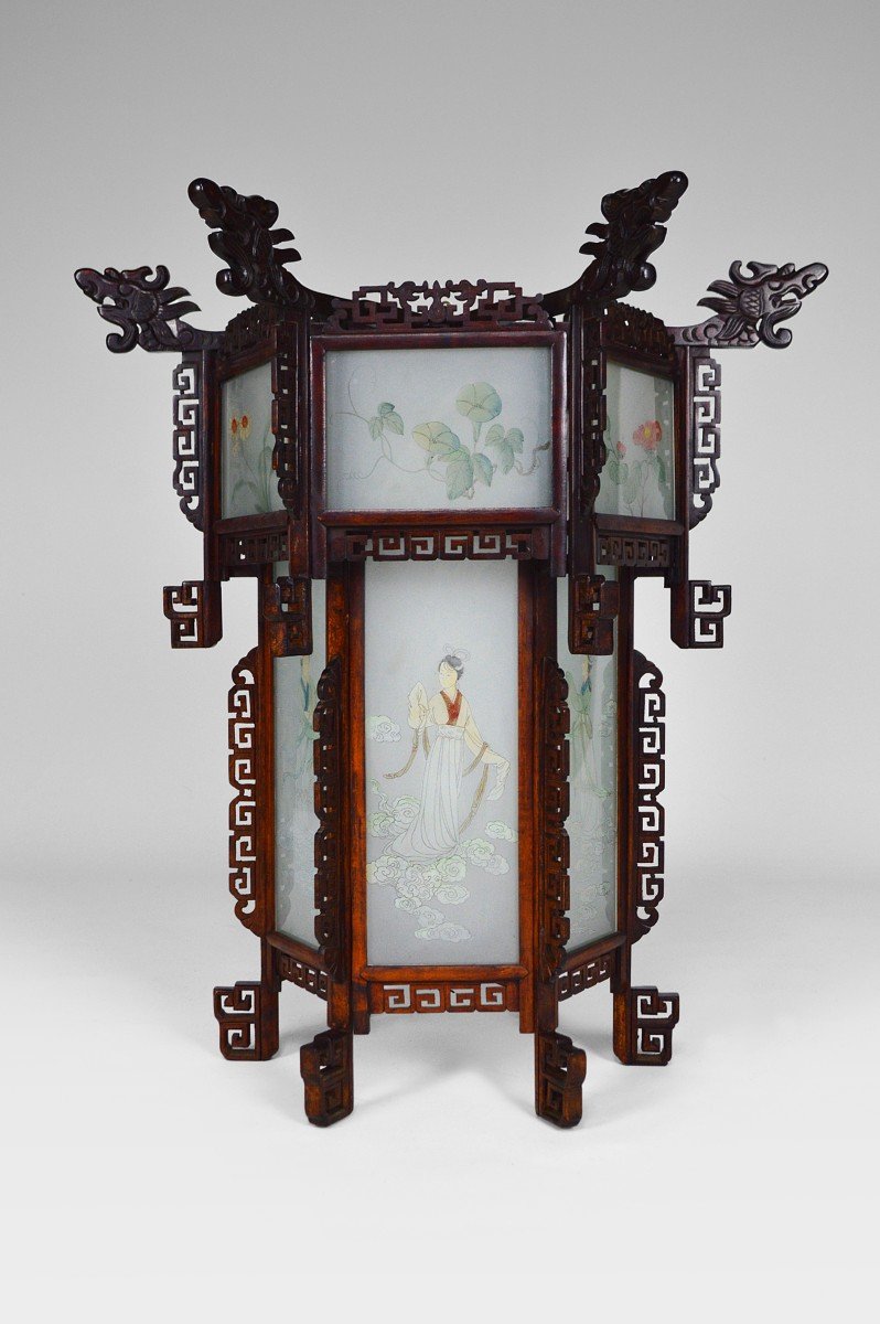 Large Asian Lantern In Wood Carved With Dragons And Painted Glass Panels, Circa 1900