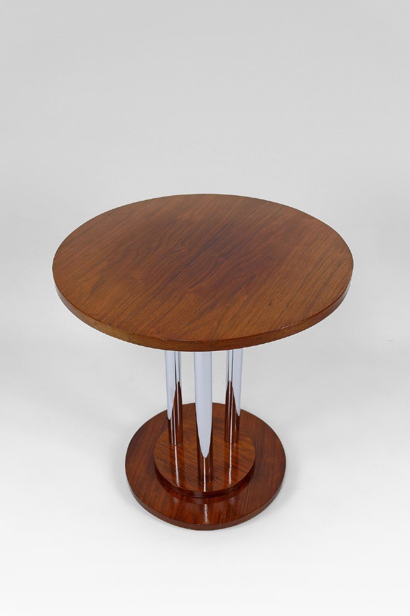 Art Deco Modernist Pedestal Table In Walnut And Chrome, France, Circa 1930-photo-2