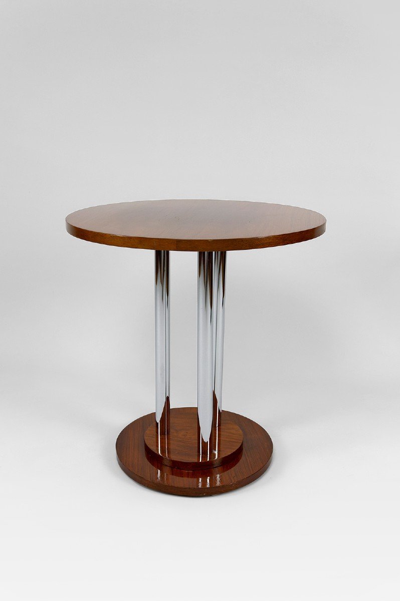 Art Deco Modernist Pedestal Table In Walnut And Chrome, France, Circa 1930-photo-6