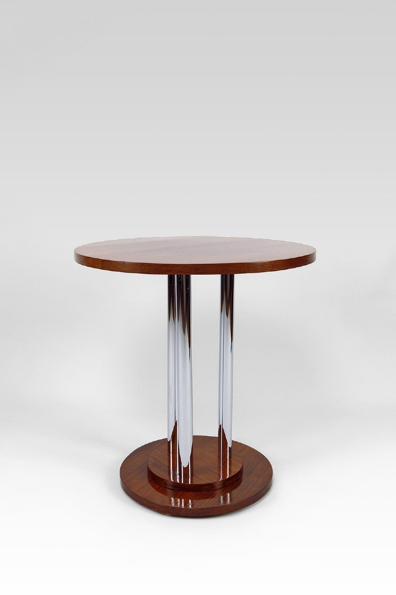 Art Deco Modernist Pedestal Table In Walnut And Chrome, France, Circa 1930-photo-7