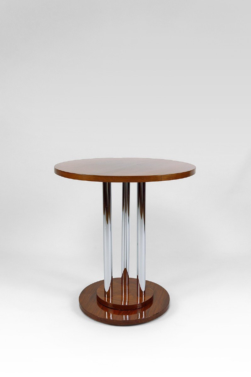 Art Deco Modernist Pedestal Table In Walnut And Chrome, France, Circa 1930