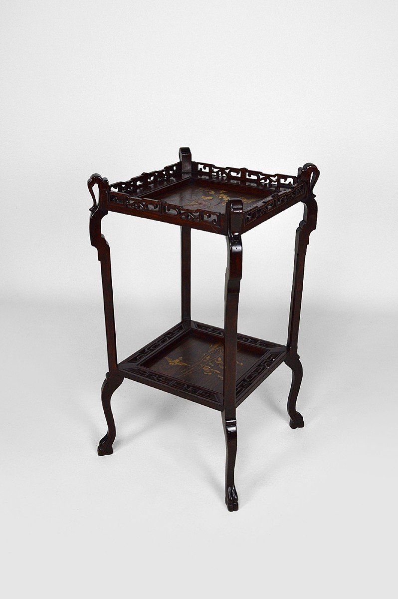 Japanese Pedestal Table In Carved Wood And Lacquered Panels, France, Circa 1880