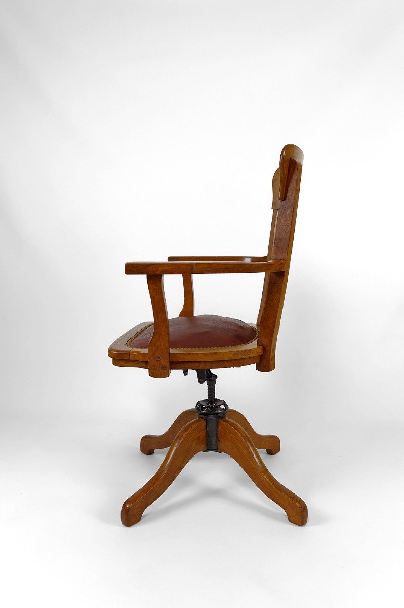 American Swivel Office Armchair In Oak, With Leather Seat, Usa, Circa 1900-photo-3