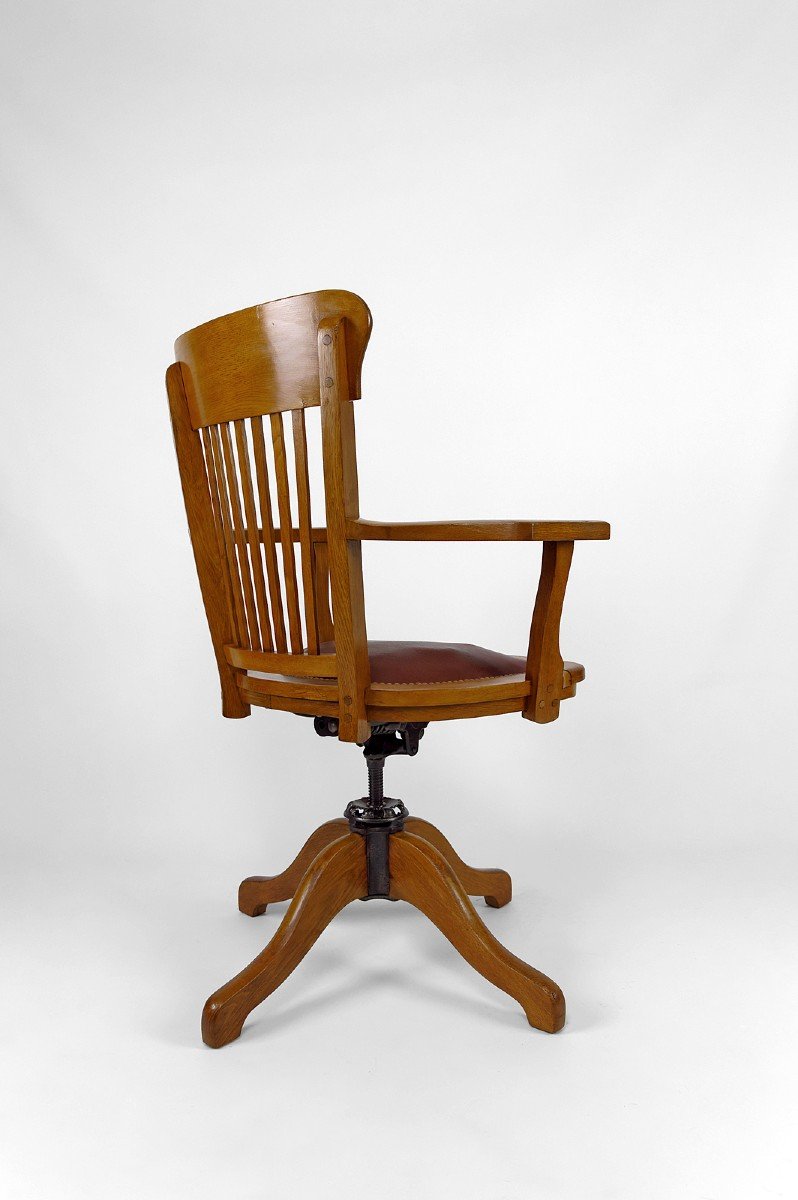 American Swivel Office Armchair In Oak, With Leather Seat, Usa, Circa 1900-photo-5