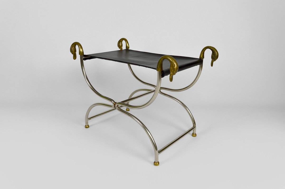 Curule / Stool With Neoclassical Swan Heads, Circa 1960-photo-2