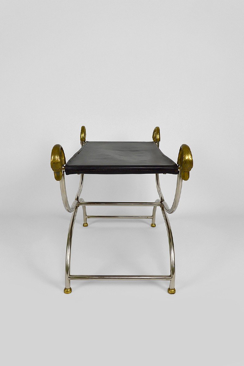 Curule / Stool With Neoclassical Swan Heads, Circa 1960-photo-3