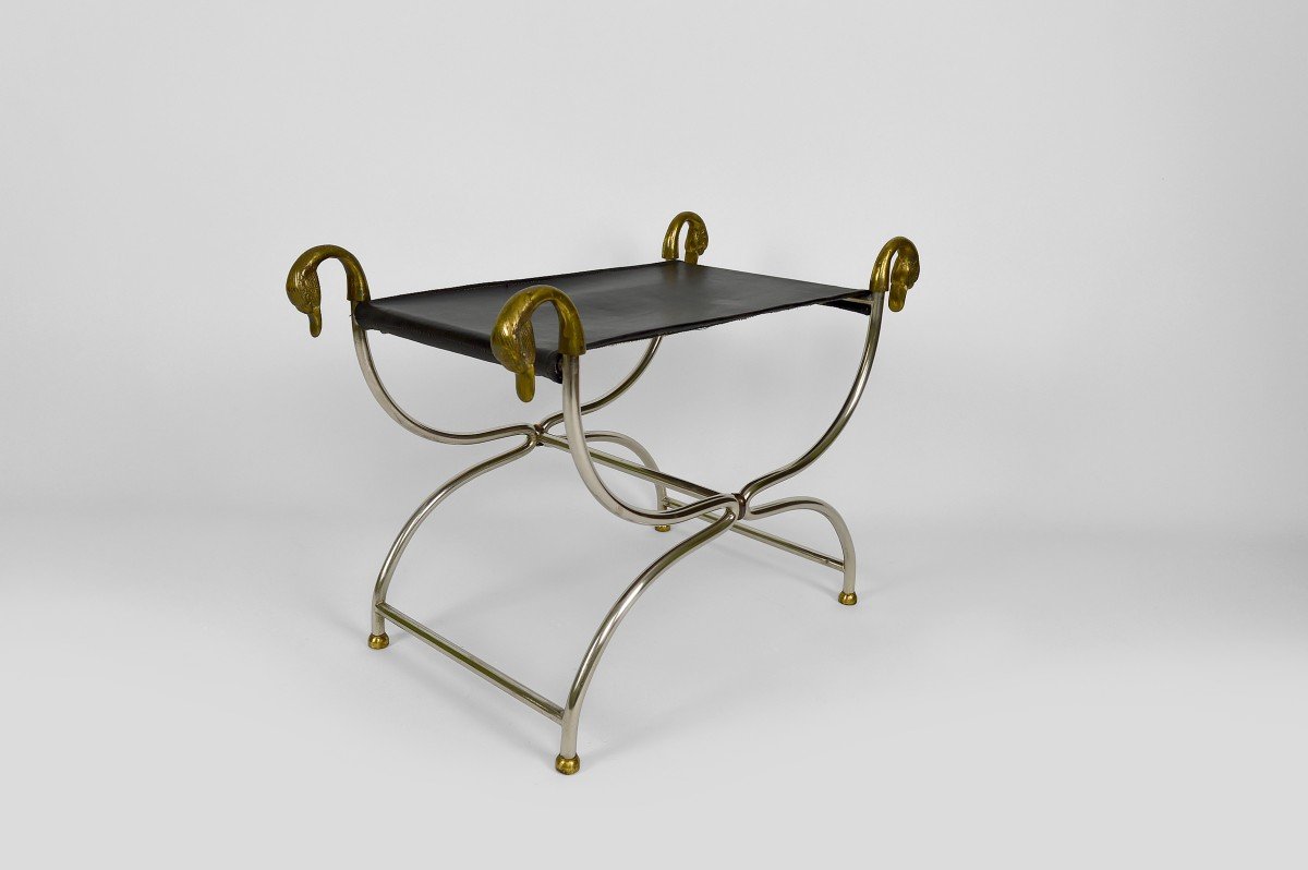 Curule / Stool With Neoclassical Swan Heads, Circa 1960-photo-4